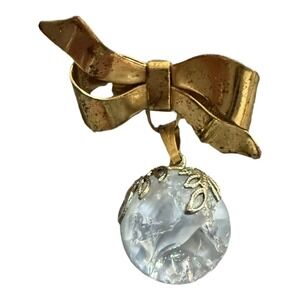 Vintage Gold Tone Bow Brooch Dangle Crystal Ball Pin Etched Glass